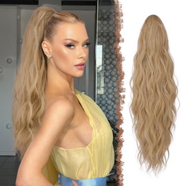 FESHFEN Ponytail Extensions, Long Claw Clip in Ponytail Hairpiece Synthetic Pony Tails Hair Piece Natural Wavy Hairpieces for Women, Blonde & Ash Blonde Mixed 25 inch