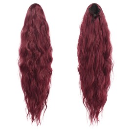 FESHFEN Long Ponytail Extensions, Drawstring Clip in Curly Wavy Hairpieces Synthetic Ponytails Hair Piece Pony Tail Extension for Women, Burgundy 26 inch