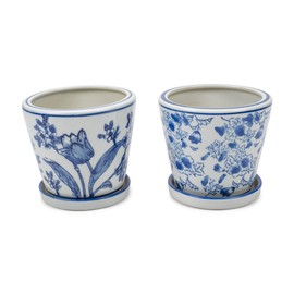 Napco Deft Blue Floral 5 x 4.5 Ceramic Table Top Planter Pot with Saucer Set of 2, Multicolor