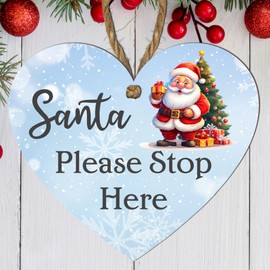 Santa Please Stop Here Christmas Heart Plaque – Festive Wooden Decoration with Santa Claus, Reindeer, Snowman, and More – Christmas Eve Sign for Kids – Hanging Ornament (Santa)