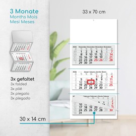 Timr 3-Month Calendar 2026 - Wall Calendar 3 Months with Slider - 70 cm Three-Month Calendar Multilingual D/GB/F/ES I Japan Asia I tr330