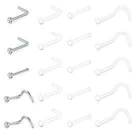 VCMART 20pcs Clear Nose Studs L Shape Screw Nose Bone Retainers Flat Top Bioflex Hide Piercing for School Work 20G 18G 22G