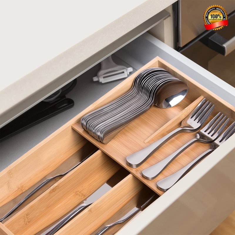 guiogc Bamboo Silverware Organizer, Kitchen Silverware Drawer Organizer, Utensil Tray