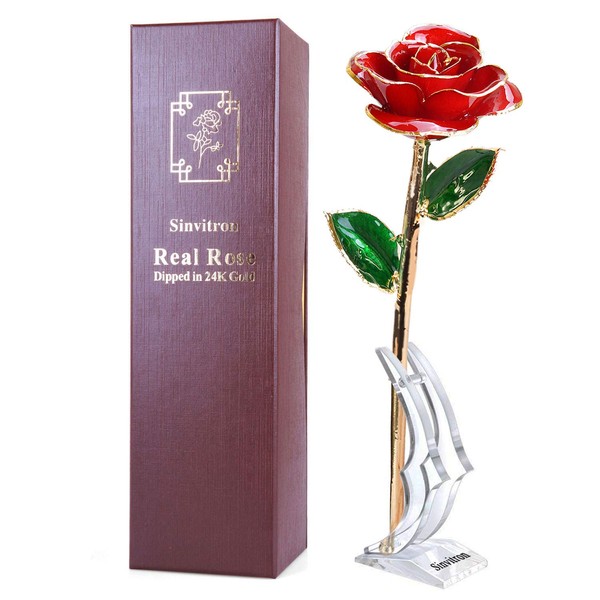 Gold Dipped Rose, Sinvitron Long Stem 24k Gold Dipped Real Rose Lasted Forever with Stand, Best Romantic Anniversary Valentines Day Gifts for Her