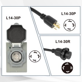 30AMP Generator Cord 10 FT and Power Inlet Box, L14-30P to L14-30R Power Cord with Twist Lock Connector, NEMA L14-30P Pre-Drilled Generator Power Inlet Box with LED Power Indicator, ETL Listed