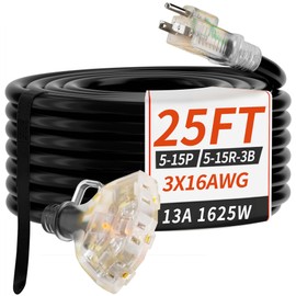 PlugSaf 25 FT 16/3 Gauge Outdoor Extension Cord with Multiple Outlets Light Indicator, Flexible 3 Outlet Weatherproof Heavy Duty Extension Cord Waterproof Black, 13A 1625W 16AWG SJTW, ETL Listed
