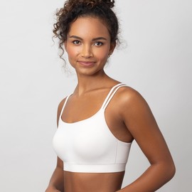 Floatley Cozy Adapt Medium Impact Sports Bra Wirefree Soft Comfort Back Closure Strappy Yoga Bra with Embedded Pads for Women Size L White Sand
