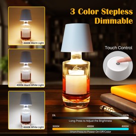 TGXCF Wireless Bottle Lamp, Portable Metal LED Wireless Bottle Lamp with 3 Color Light Dimming, Rechargeable Wine Bottle Light Head, Waterproof Touch Table Lamp for Room Bar Party Decor, White