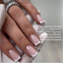 24Pcs French Tip Press-On Nails - Square White Plastic, Full Cover Artificial Nails For Women, Easy Stick-On French Design