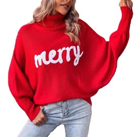YILEEGOO Women's Merry Christmas Sweaters Turtleneck Batwing Long Sleeve Letter Embroidery Loose Knitted Pullover Xmas Sweater (Red, L)