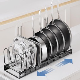 ORDORA Pots and Pans Organizer under Cabinet with Pot Lid Organizer, Expandable Rack for Pan and Pot Organizers Inside Cabinet, 12"-23" Adjustable with 10 Dividers for Kitchen Organization, Black