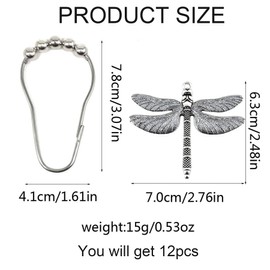 Wasise Shower Curtain Rings - 12PCS Dragonfly Shower Curtain, Silver Hooks Rust Proof Set, Bathroom Rust Proof Hooks, Unique Farmhouse Country Summer Theme, Dragonfly Decor Metal Hook Accessories