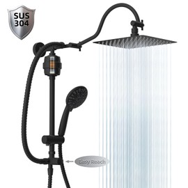Hibbent Metal 10'' Filtered Rainfall Shower Head Combo for Easy Reach, High Pressure Shower Head System, Handheld Showerhead, Adjustable Holder, 18'' Extension Arm, Shower Filter, 7-spray, Matte Black