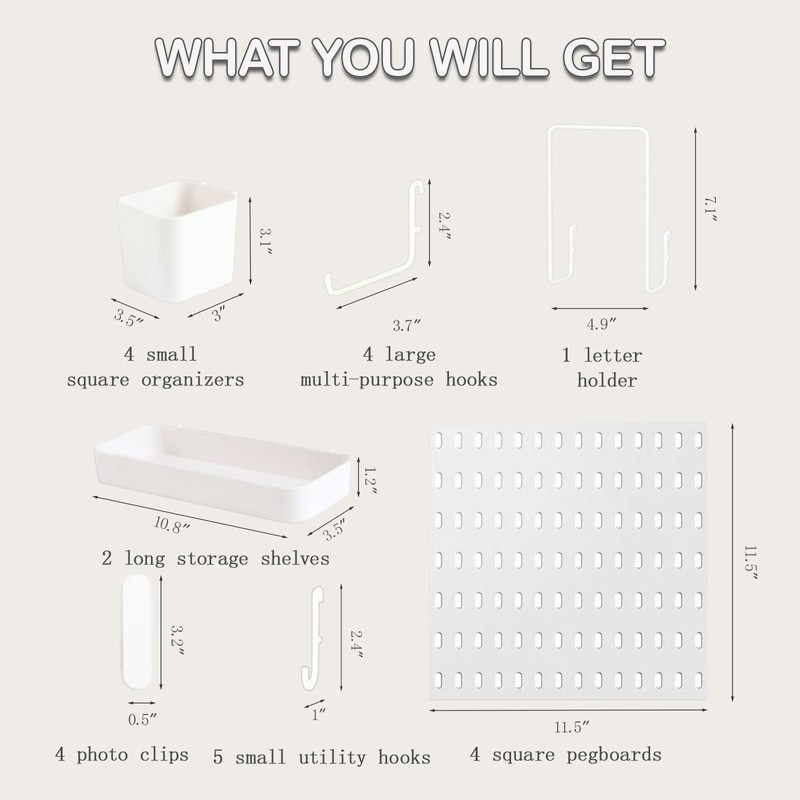 Pegboard Wall Mounted Organizer Storage Set, Includes 4 White Pegboards
