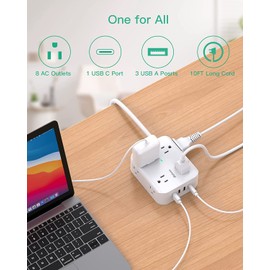 Surge Protector Power Bar - 8 Widely Outlets with 4 USB Ports(1 USB C), 3-Side Outlet Extender Strip with 10Ft Extension Cord, Flat Plug, Wall Mount for Home, Office and Dorm
