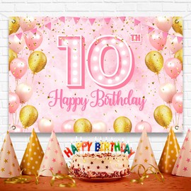 Happy 10th Birthday Banner Backdrop Pink Theme Rose Gold Balloons Confetti Background Decor for Princess Girls Noble Elegant Birthday Party Photo Booth Favors Decorations Supplies 70.8x47.2in-BECKTEN