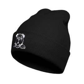 Yrassio Pug Dog Embroidery Beanie Hat for Men Women Winter Warm Stretch Skull Knit Hats Cap Black