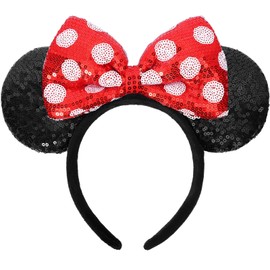UNKJIN Mouse Ears Headband, Red Polka Dot Ears Headband, Sequin Hairband Princess Party Decoration Cosplay Costume for Women Girls (Red Polka Dots)