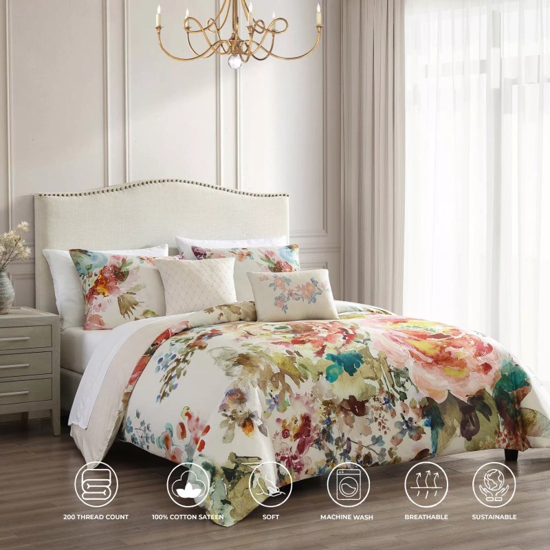 Bebejan Antique Flowers Ivory 5 Piece Reversible Comforter Set in