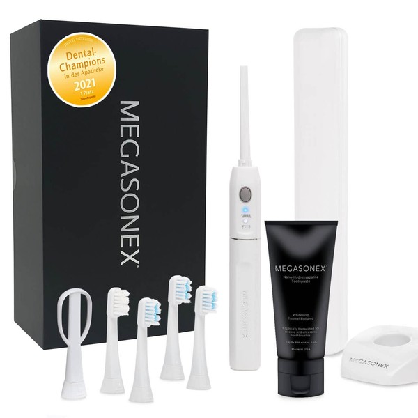 MEGASONEX Ultrasonic Toothbrush M8 Set - Additional Includes Toothpaste, Tongue Attachment and 2 Medium Brush Heads