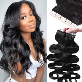 Body Wave Tape in Hair Extensions 16 Inch Natural Black Remy Human Hair Real Seamless Skin Weft Invisible PU Tape in Hair Extensions Curly Wave Double Sided Tape Hair for Women 20pcs 50g