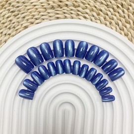 Short Square Press on Nails Blue Fake Nails Shiny Acrylic Nails Glitter Press ons Glossy Full Cover Glue on Nails Squoval Stick on False Nails for Women Girls 24 Pcs