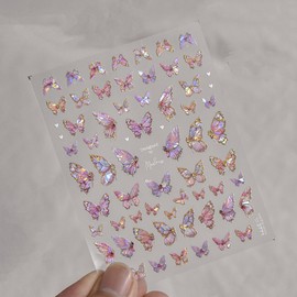 Butterfly Nail Art Sticker 5D Embossed Pink Butterfly Nail Decals Shining Shell Light Self-Adhesive Nail Stickers Reflective Carved Butterfly Nail Supplies for Women and Girls Manicure Decoration