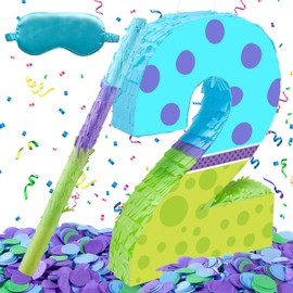 16 Inch Monster Number 2 Pinata, Monster Birthday Party Decorations with Stick Blindfold Confetti for Girls Boys Birthday Activity Game Gift (2nd)
