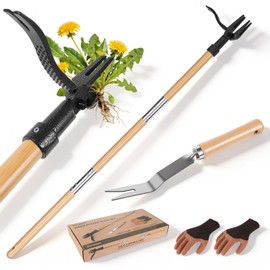 Donepart Stand Up Weed Puller Tool, Long Handle Weeder & Hand Weeder Fork Set - 46" No-Bend Deep Root Remover for Lawn, Garden & Yard, Seniors & Bad Back Friendly, Fits 5'2"-6'2", Bamboo Handle