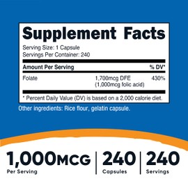 Nutricost Folic Acid (Vitamin B9) 1000 mcg, 240 Capsules (2 Bottles)