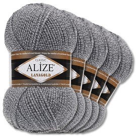 Alize 5 x 100 g Lanagold Wool | 53 Selection | Knitting Crochet Wool (651 | Grey-Beige)