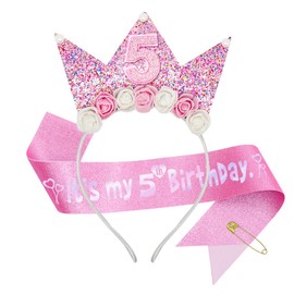 QIUJALE Birthday Girls Headband, Glitter Flower Birthday Crown Sash Set for 5 Year Old Girls Princess Birthday Party Decorations (5th, Headband)
