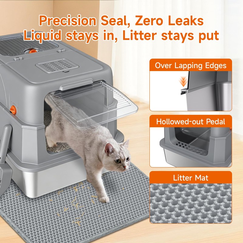 Stainless Steel Litter Box with Lid, High Sided Enclosed Metal