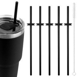 5PCS Silicone Straw for Yeti Rambler 30/20/10oz，Reusable Plastic Straws and Cleaning Brush for Yeti Tumbler with Magslider Lid ，Yeti Accessories，Replacement Drinking Straws，BPA Free (Black)