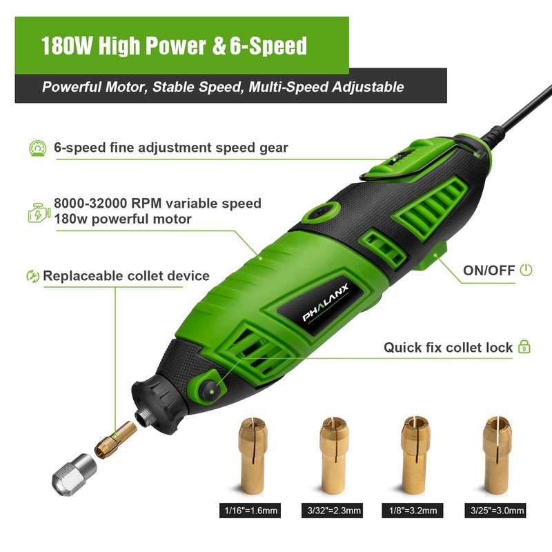 180W Rotary Tool Kit, 1.5-Amp PHALANX 6 Variable Speed with