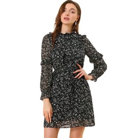 Allegra K Women's Floral A-line Ruffle Mock Neck Tie Waist Chiffon Dress Small Black