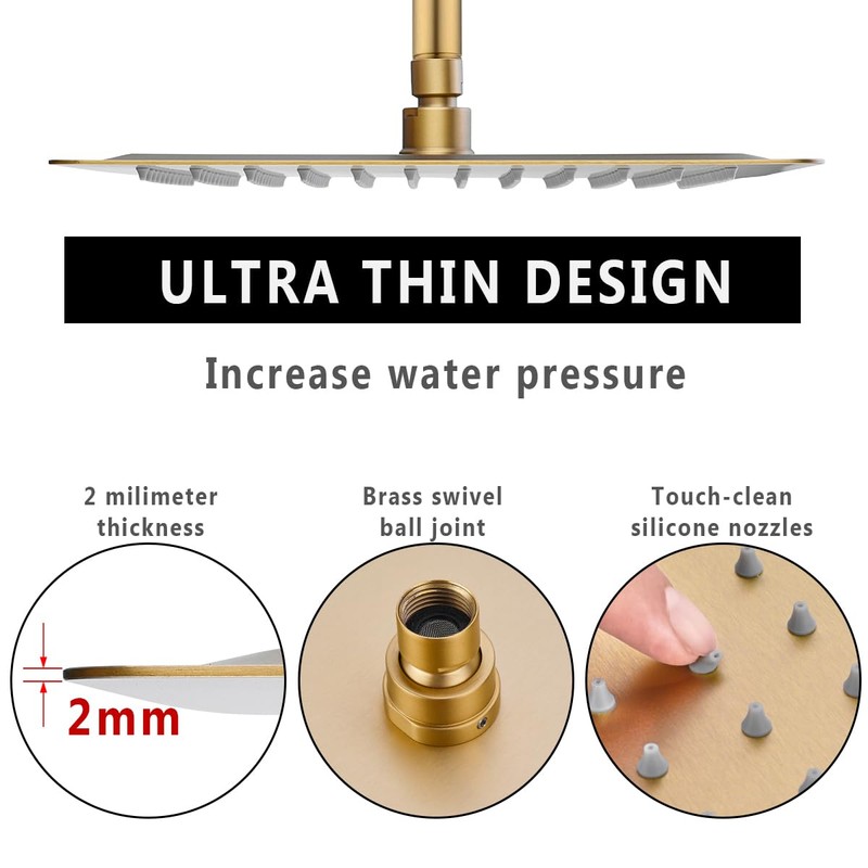 Rainfall Shower Head in Gold, BSTIIU Extra Large 16 Inch
