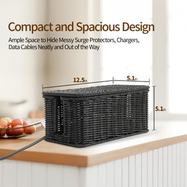 Delamu Cable Management Box, Handmade Rattan Cable Organizer, Power Cord Hider Box with 2 Open Slots, Desk Cord Organizer for Computer Router USB Hub Wire & Power Strip, 12.5"Lx 5.1" Wx 5.1"H, Black