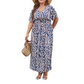 OSTOO Women's Plus Size Hawaii Empire Waist Bat Short Sleeve Casual Floral Print Boho Maxi Dress（Leopard,4XL