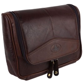 Rowallan Mens Quality Vintage Leather Hanging Wash Bag Travel Toiletries - Brown