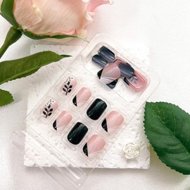 Acrylic Press on Nails Short Square Fake Nails with Leaves and Glitter Designs Black Glue on Nails Nude Artificial False Nails Full Cover Stick on Nails for Women Girls 24 Pcs