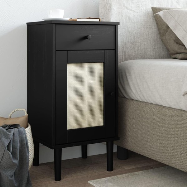 Heemab Wooden Bedside Cabinet with Rattan Look and Solid Pine