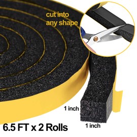 High Density Foam Tape Air Conditioner Window Seal, 1x1 Inch Thick Foam Stripe with Adhesive for Window AC Insulation, Weather Stripping for Doors and Windows Insulation, AC Foam Tape, Black