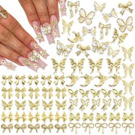 BELICEY 72Pcs 3D Nail Charms Gold Bow Butterfly Charms for Nails Alloy Butterflies Bowknot Nails Decoration Cute Nail Bows Gems Rhinestones Nail Jewels for Women Manicure DIY Nail Art Design Crafts