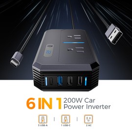 200W Car Power Inverter, TESSAN 12V DC to 110V AC Car Converter with 2 AC Outlets and 4 USB Ports, PD/QC 3.0 Fast Charging, Car Essentials for Camping, Road Trip, Gray