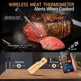 Wireless Meat Thermometer for Grilling and Smoking, Oven Digital Thermometer Instant Read Thermometer for Kitchen Outdoor Cooking Grill, Smoker (1 Probe APP Control)