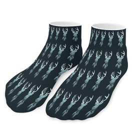 Xmkltbz 5 Pairs Short Soft Socks, Unisex Compression Crew Knee High Athletic Circulation Socks for Sports Running 8x3.7 in Print Reindeer Deer Head on Landscape with Trees and Mountains on Dark