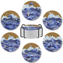 Pack 6 Coasters Dolphin Ceramic Coaster with Cork Base Housewarming Gifts for Women Coffee Table Car Cup Holders Ocean Theme New Home Decor Kitchen Accessories Drinks Absorbent