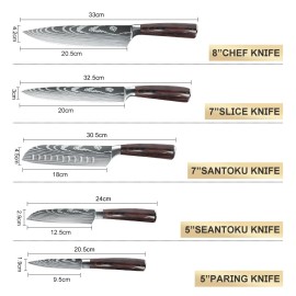 KEPEAK 5 Piece Kitchen Knives Set Japanese Damascus Pattern Stainless Steel Chef Knives