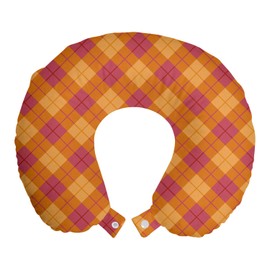 Lunarable Plaid Travel Pillow Neck Rest, Diagonal Checkered Pattern with Rhombus-Like Shapes Vintage Design, Memory Foam Traveling Accessory for Airplane and Car, 12", Pale Orange